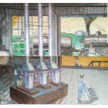 Jerry Boyajian, 20th century, American School, Two-Sectional Mural, Fish Oil Separators, in memory