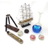 A quantity of assorted miscellaneous items to include a model boat, a glass candlestick, a glass