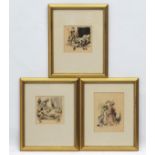 Three early 20thC aquatint etchings, The Sultan and topless dancer, Servant and reclining topless
