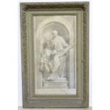 A 19thC monochrome engraving after Filippo della Valle's sculpture of St John of God supporting a