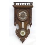 A French compendium wall clock in galleried carved and turned case, inset with thermometer and