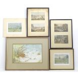 Five assorted pictures to include a watercolour of a woodcock in the snow signed I D Ward, two