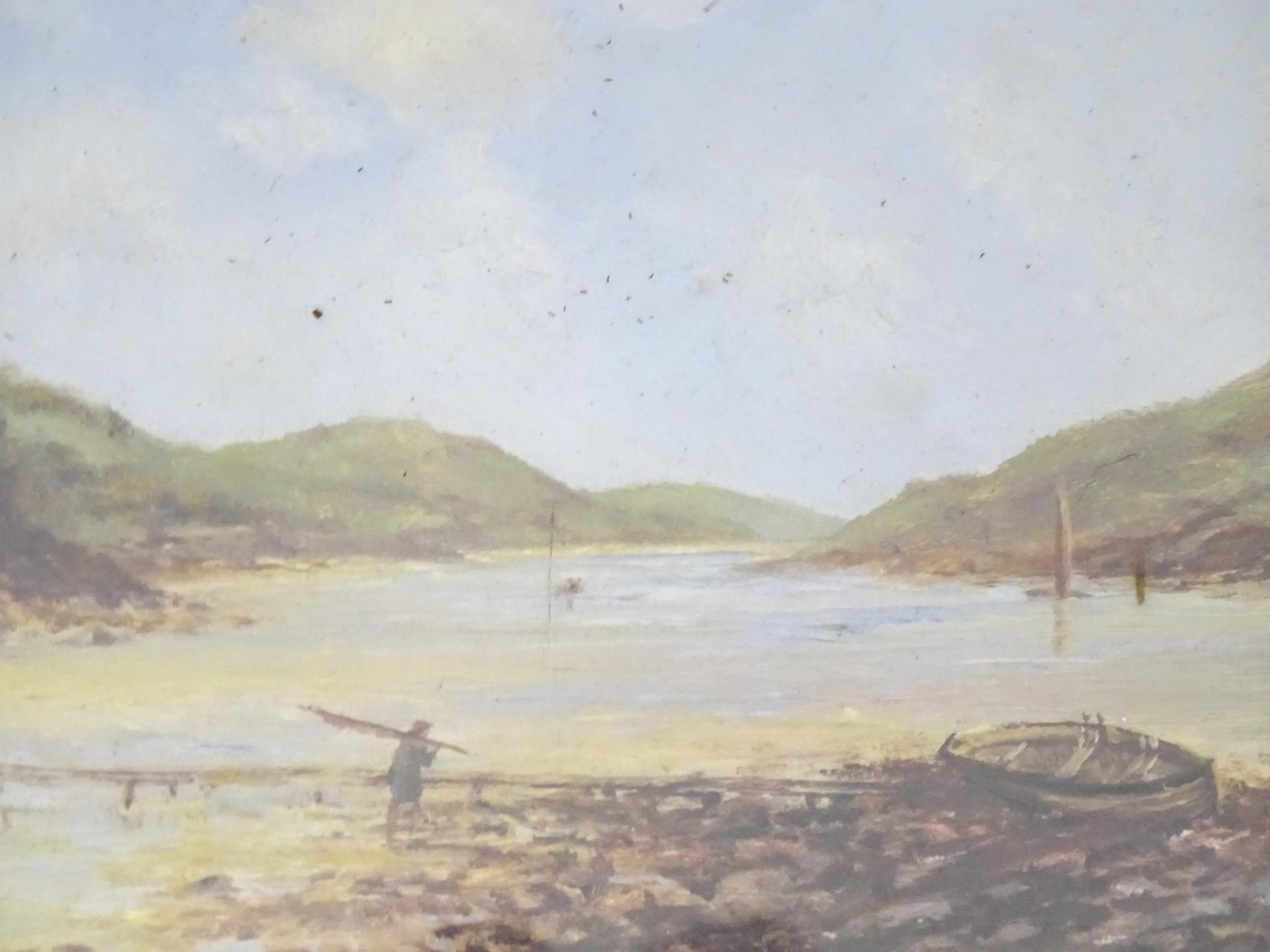 An oil on board painting depicting an estuary scene with a figure and boats. Signed R. L. H. and - Bild 3 aus 4