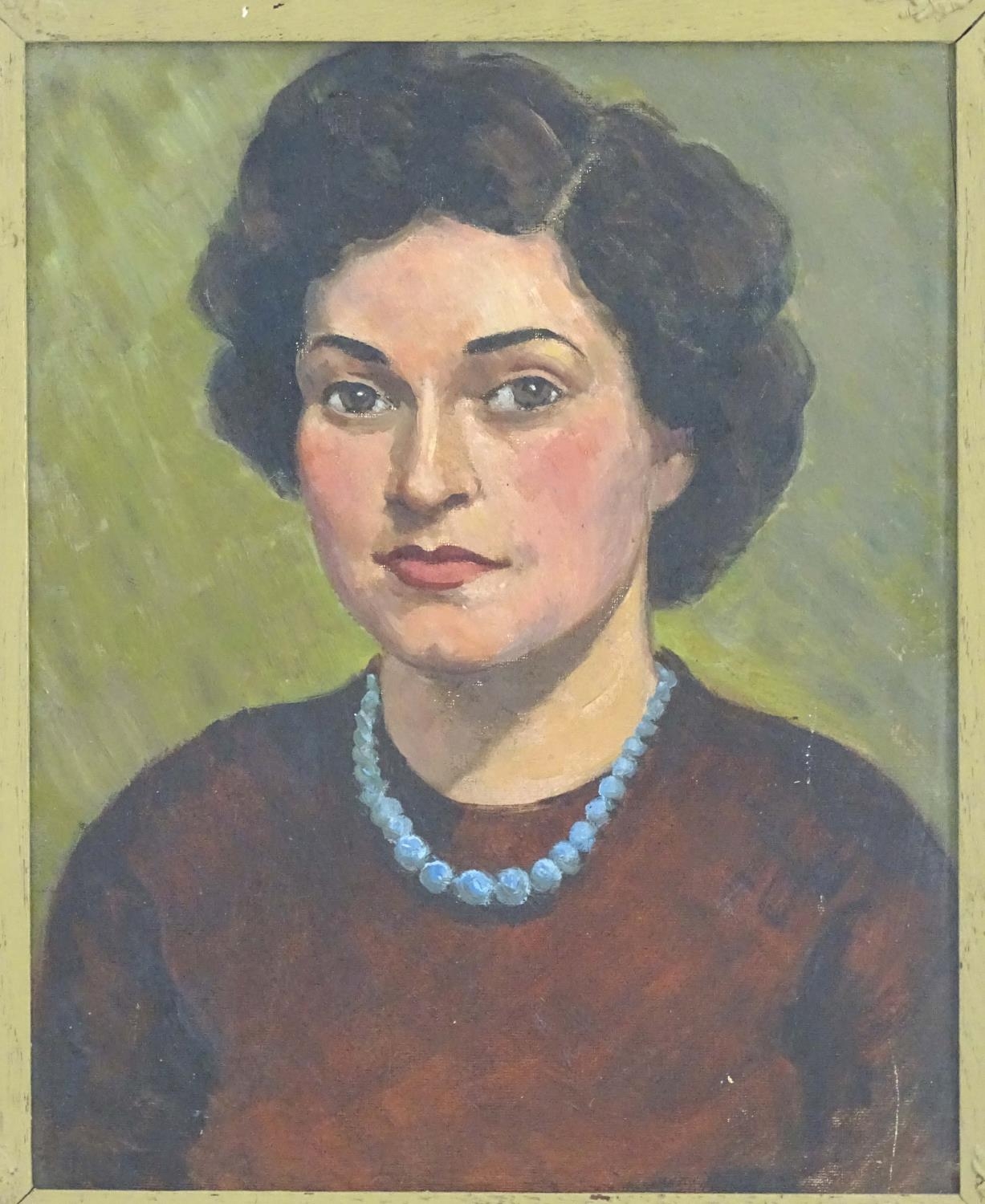 20th century, Oil on board, A portrait of a lady with short curly hair wearing a blue bead necklace. - Bild 4 aus 4