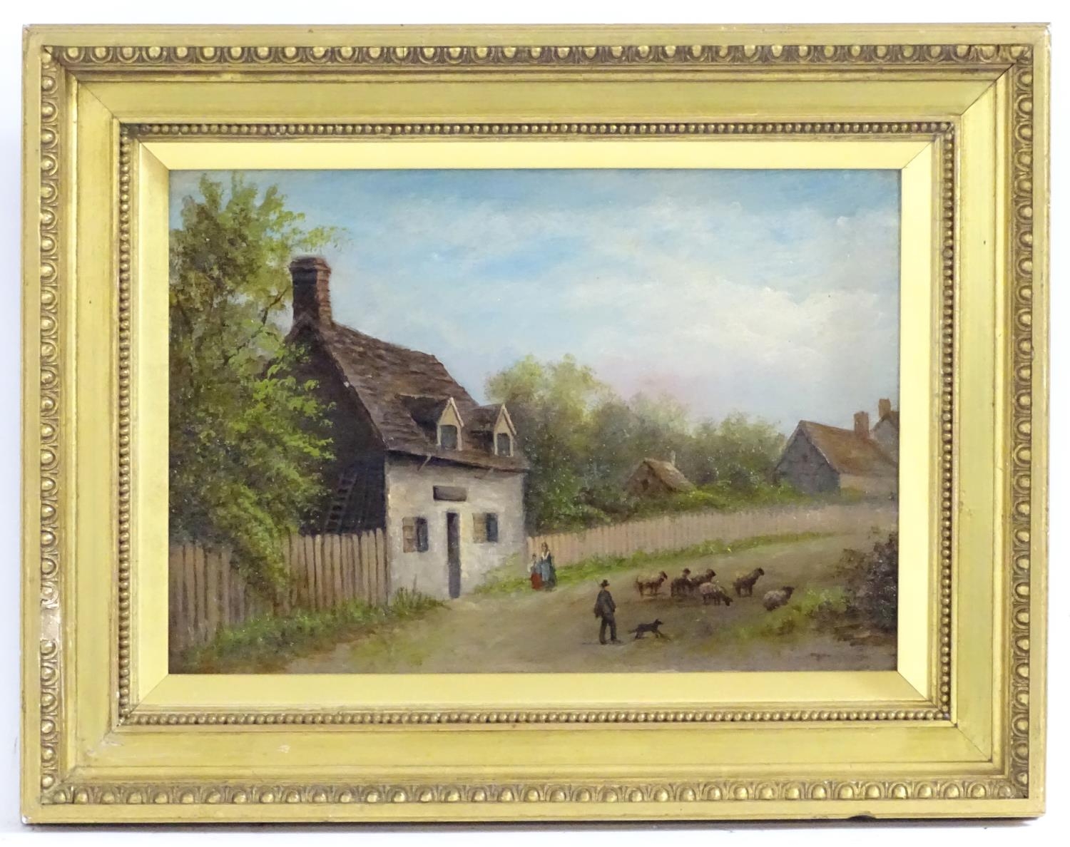 Initialled V. M., Early 20th century, Oil on panel, A rural scene with a figure and sheep passing