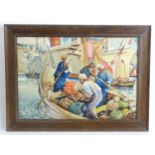Early 20th century, Watercolour, A Mediterranean port scene with fruit sellers in a wooden boat.
