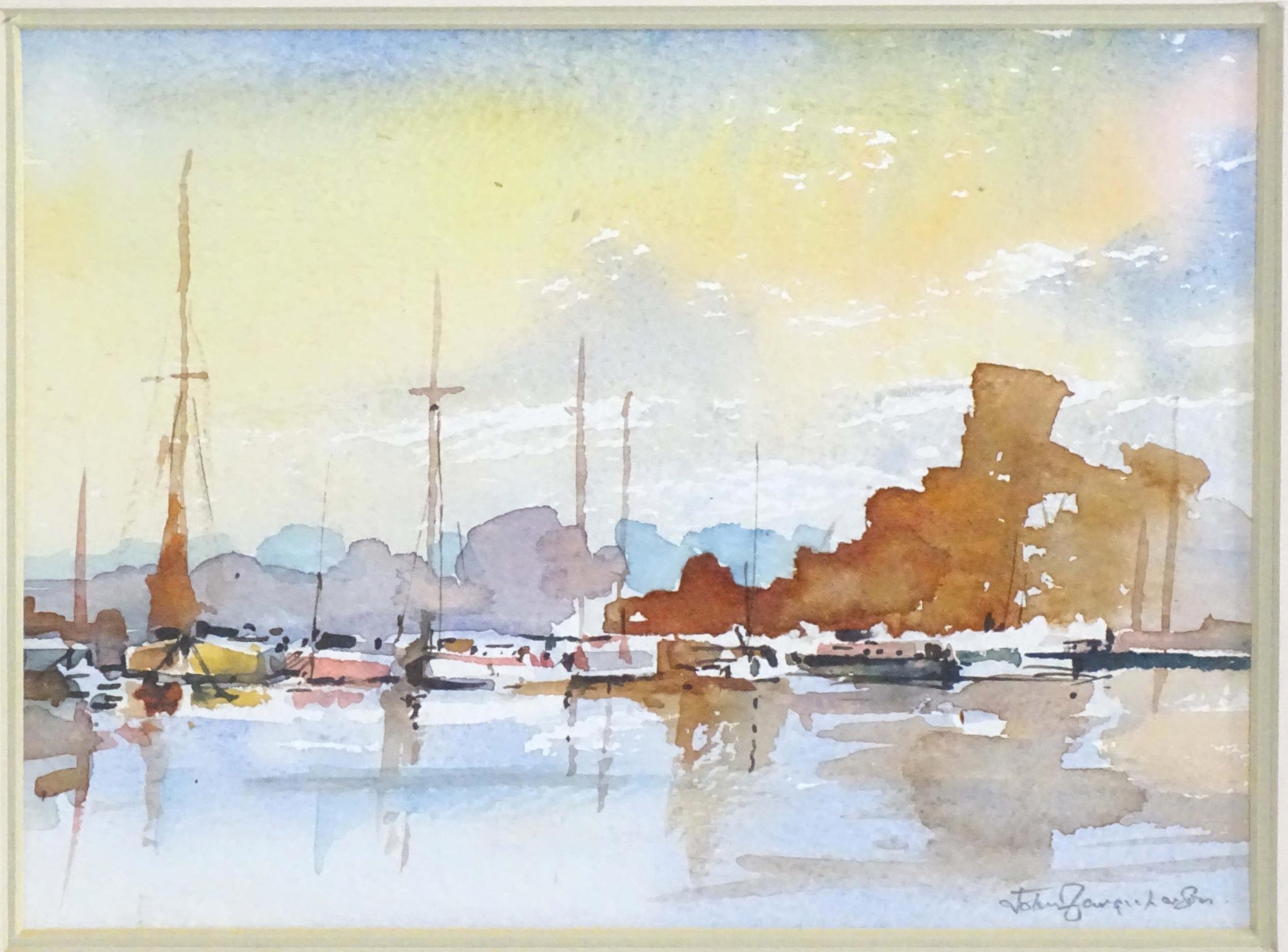 John Farquharson, 20th century, Watercolour, A harbour scene with boats at sunset. Signed lower - Image 3 of 4