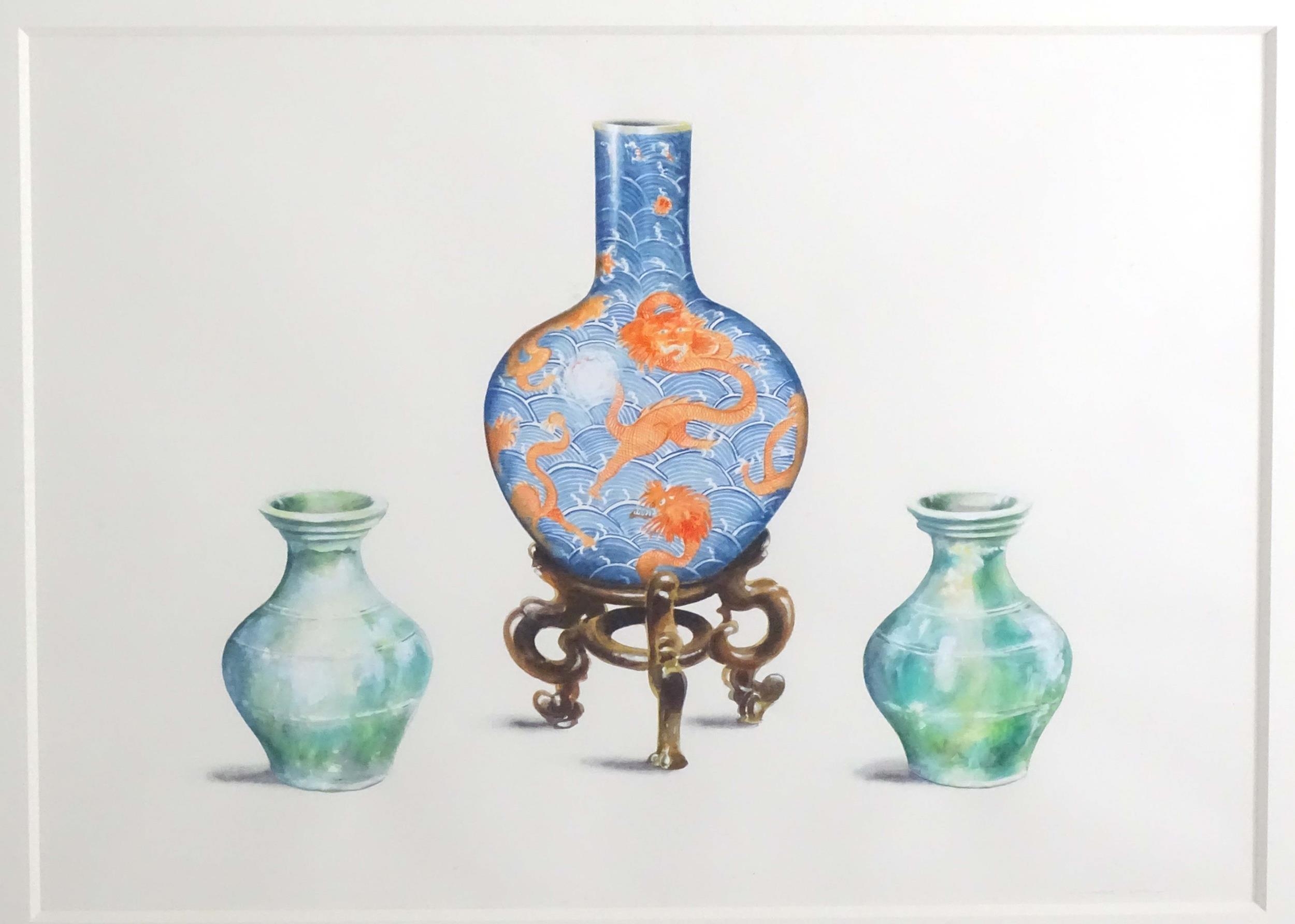 Michael Potter, 20th century, Watercolour, A study of three Chinese vases, a bottle vase with red - Image 3 of 5