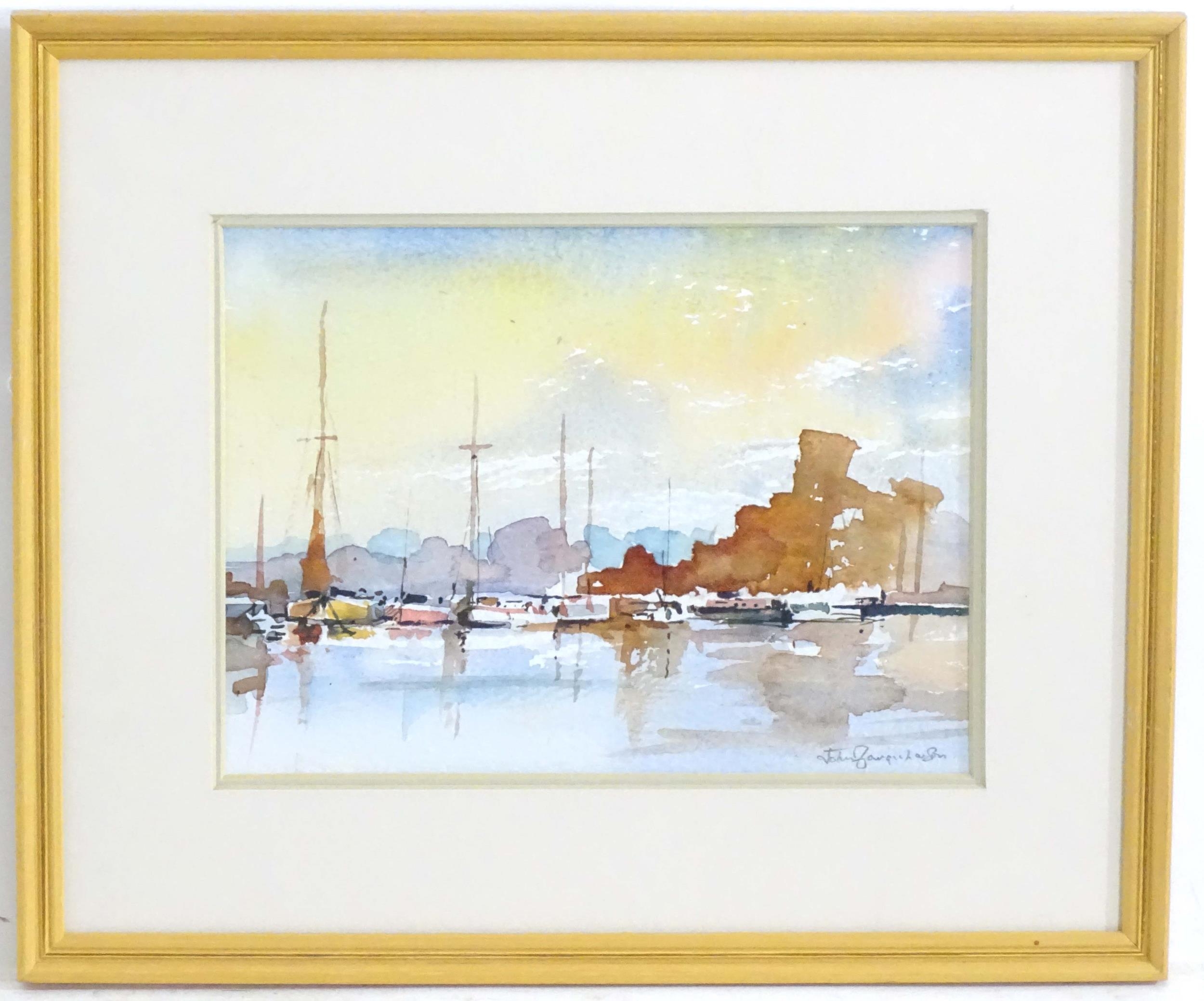 John Farquharson, 20th century, Watercolour, A harbour scene with boats at sunset. Signed lower