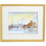 John Farquharson, 20th century, Watercolour, A harbour scene with boats at sunset. Signed lower