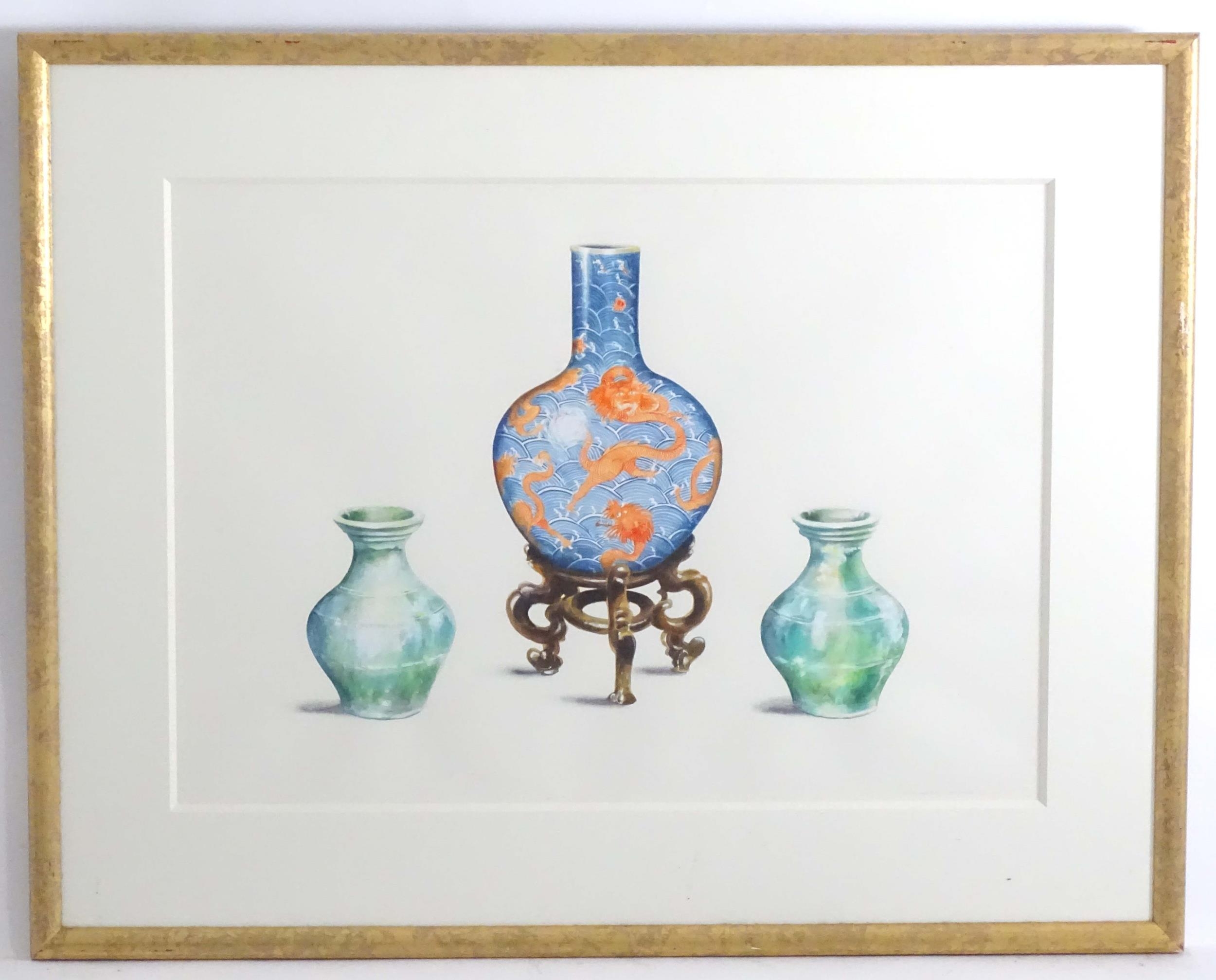 Michael Potter, 20th century, Watercolour, A study of three Chinese vases, a bottle vase with red