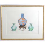 Michael Potter, 20th century, Watercolour, A study of three Chinese vases, a bottle vase with red