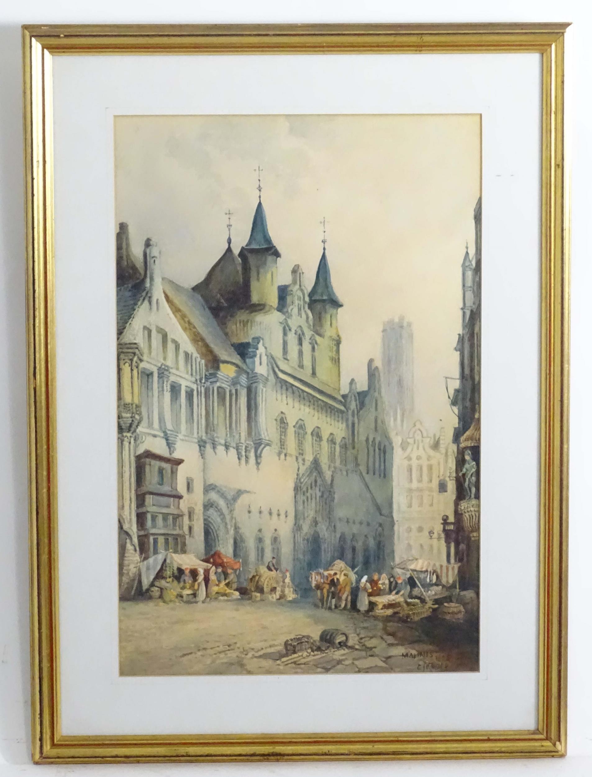 Cecil Jack Keats, 19th century, English School, Watercolour, Malines, A Belgian street market