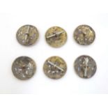 A cased set of six silver buttons, hallmarked Birmingham 1901, maker William J Holmes. In fitted