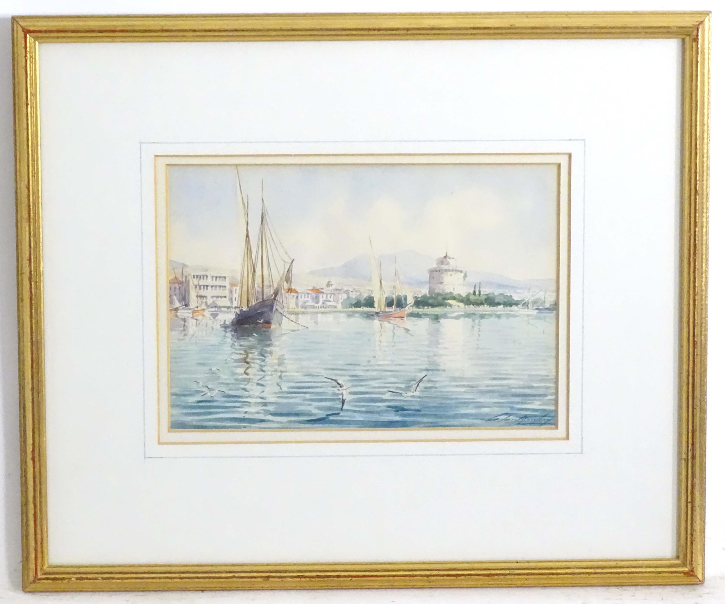 Early 20th century, Greek School, Watercolour, The White Tower and promenade of the Port of