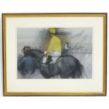 20th century, Pastel on paper, Jockey in Yellow, A jockey on a black horse being lead by a figure at
