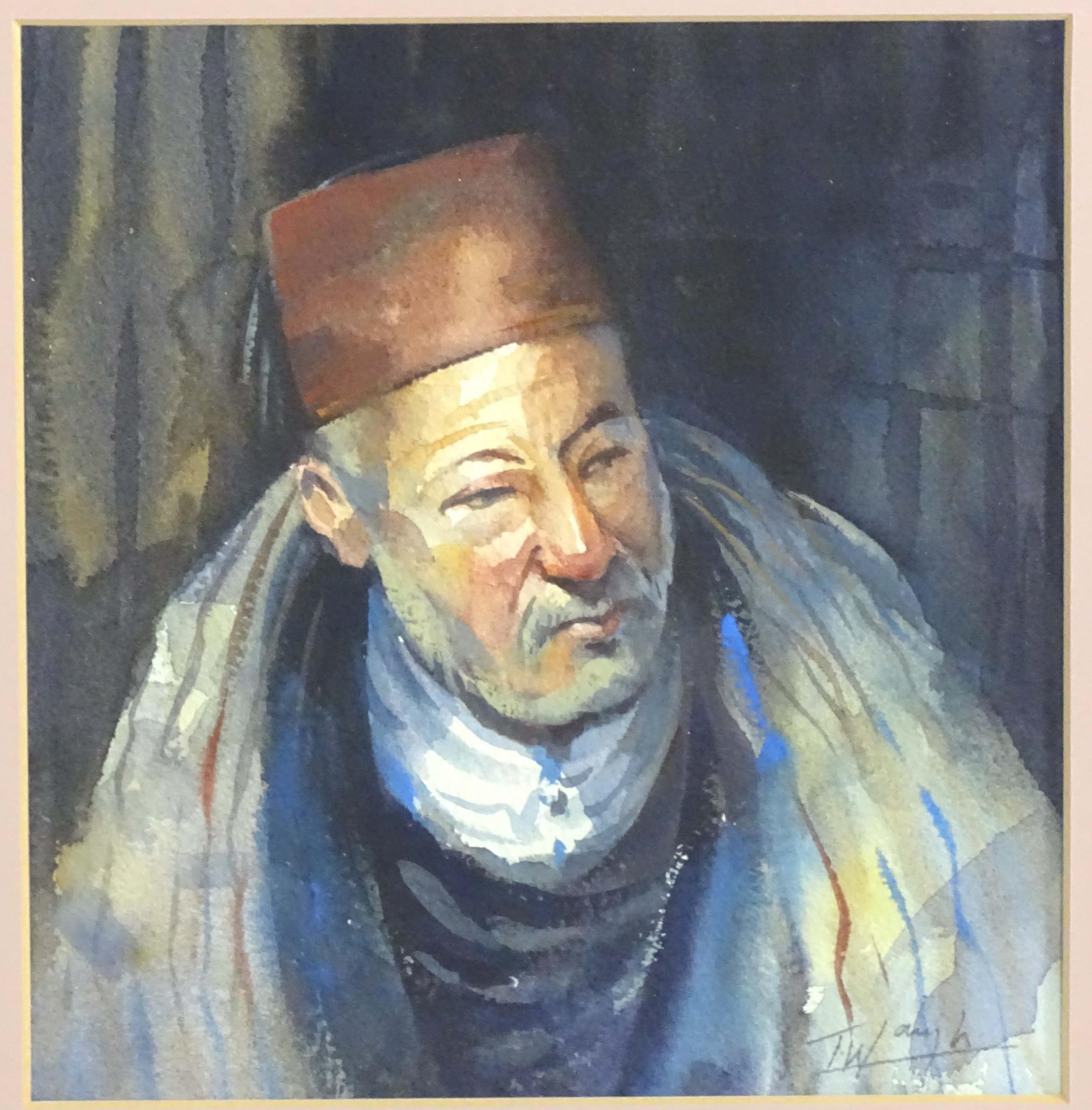 Trevor Waugh (b. 1952), Watercolour, Old Man of Fez, A portrait of a man wearing a fez hat. Signed - Image 4 of 5