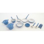 Toys: an early 20thC set of children's cooking pots, pans and utensils in blue enamelled finish, the