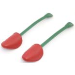 Vintage fashion / clothing: A pair of shoe trees in green and red, marked Hermes, Paris on reverse