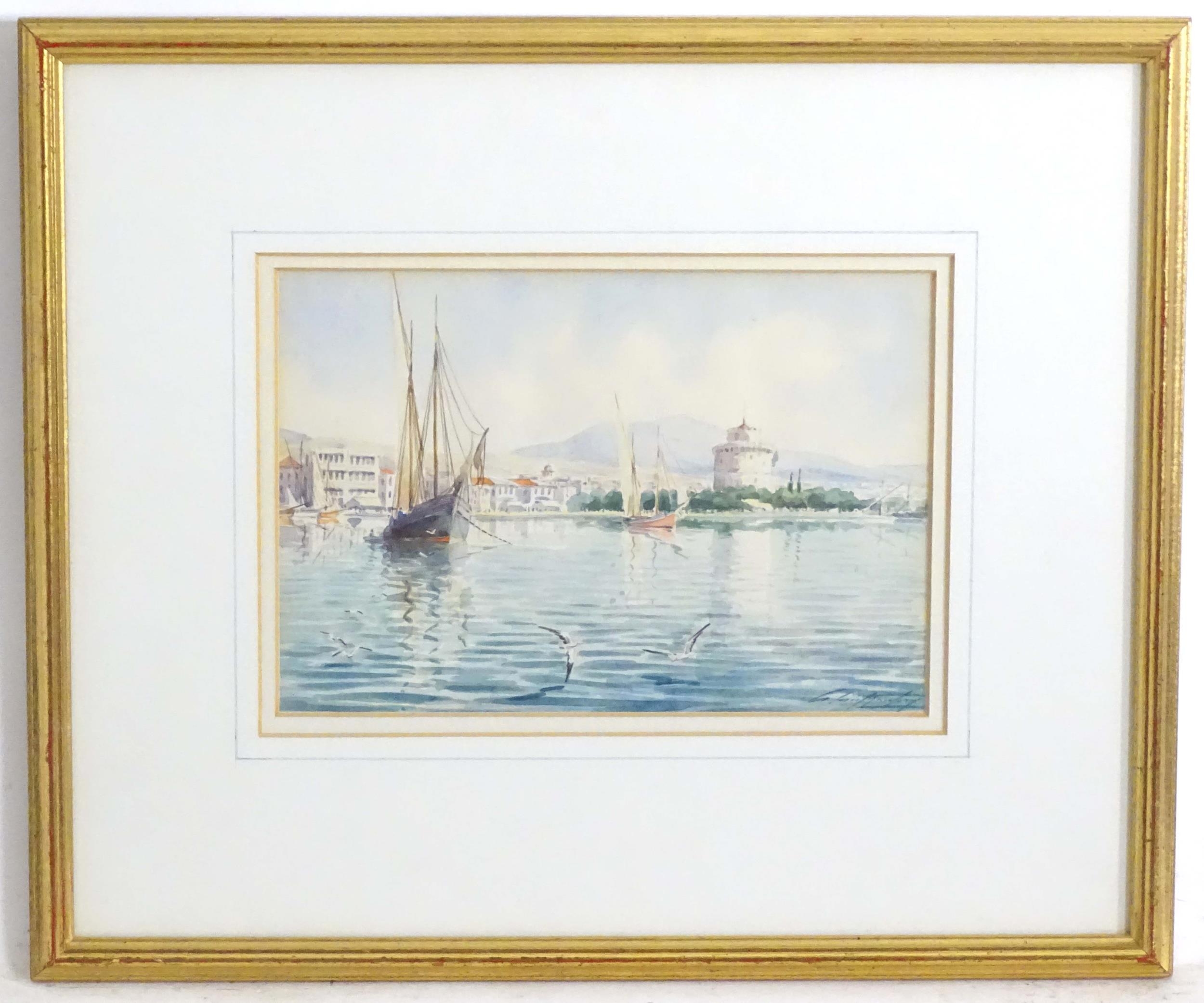 Early 20th century, Greek School, Watercolour, The White Tower and promenade of the Port of - Image 3 of 5