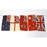 Five 20thC flags, comprising Union Flag, Australian Merchant Navy red ensign, Canada red ensign (