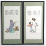 Oriental School, Colour prints, A pair, A bearded man in a rocky landscape with a deer, and a