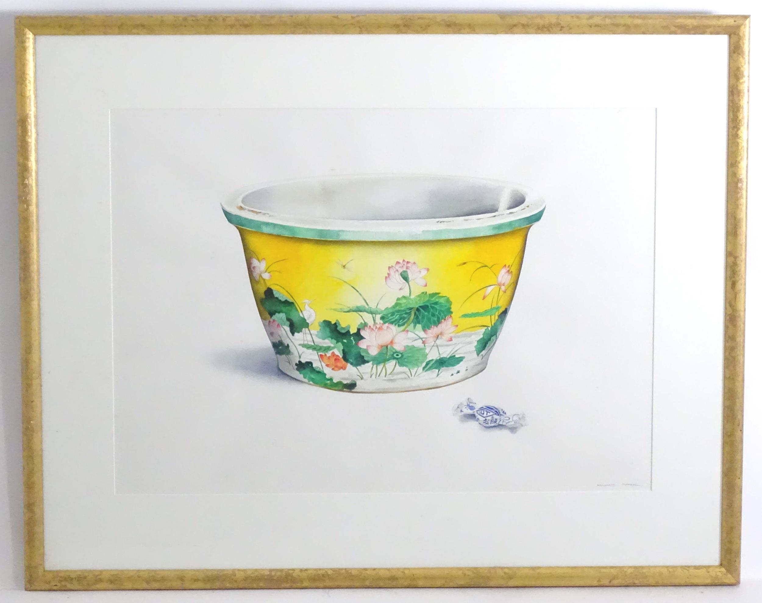 Michael Potter, 20th century, Watercolour, A study of a Chinese planter / jardiniere decorated