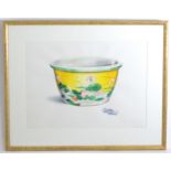 Michael Potter, 20th century, Watercolour, A study of a Chinese planter / jardiniere decorated