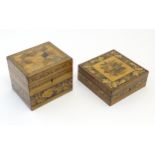 A 19thC Tunbridge ware tea caddy / box with banded floral decoration and parquetry cube detail to