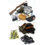 A large quantity of rifle/air rifle shooting accessories, including bipods, slings, scope caps, quad