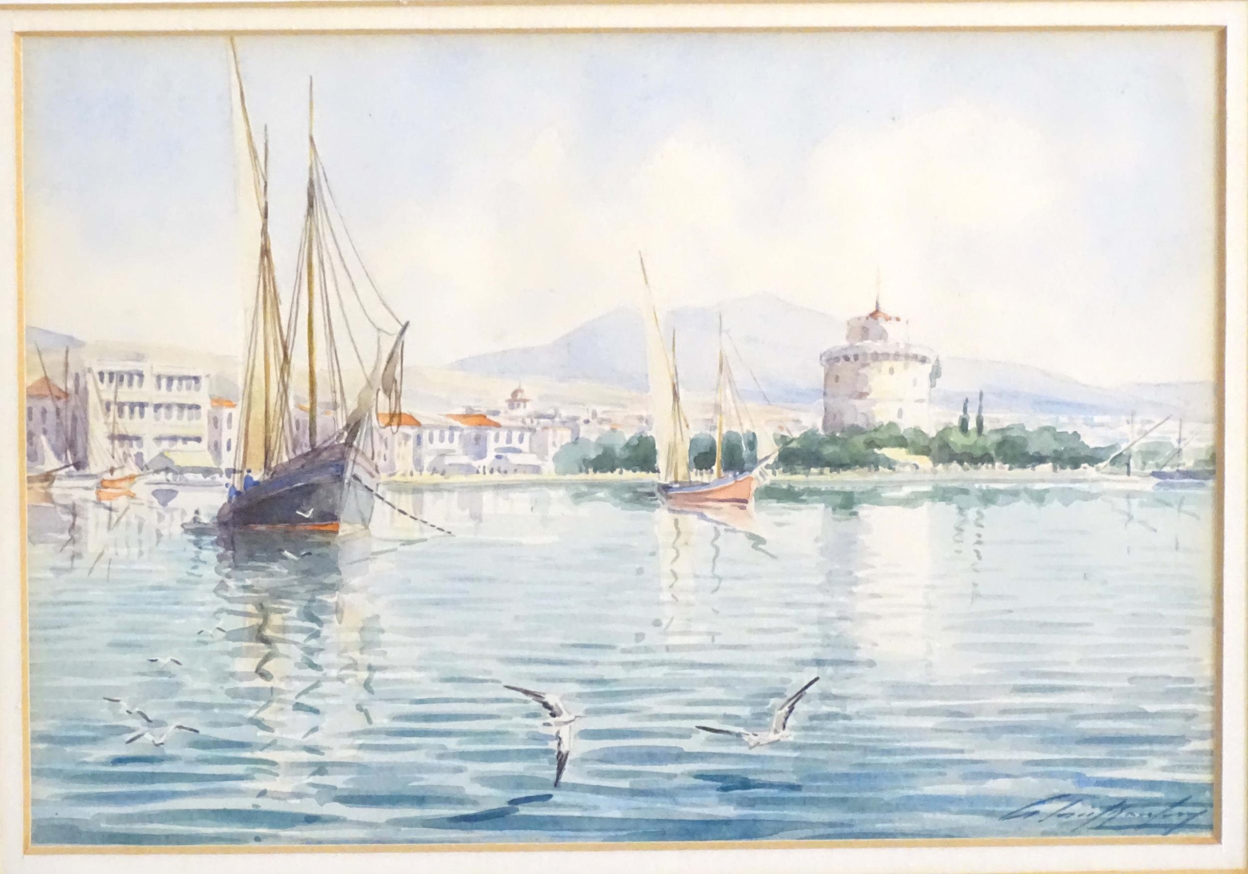 Early 20th century, Greek School, Watercolour, The White Tower and promenade of the Port of - Image 4 of 5