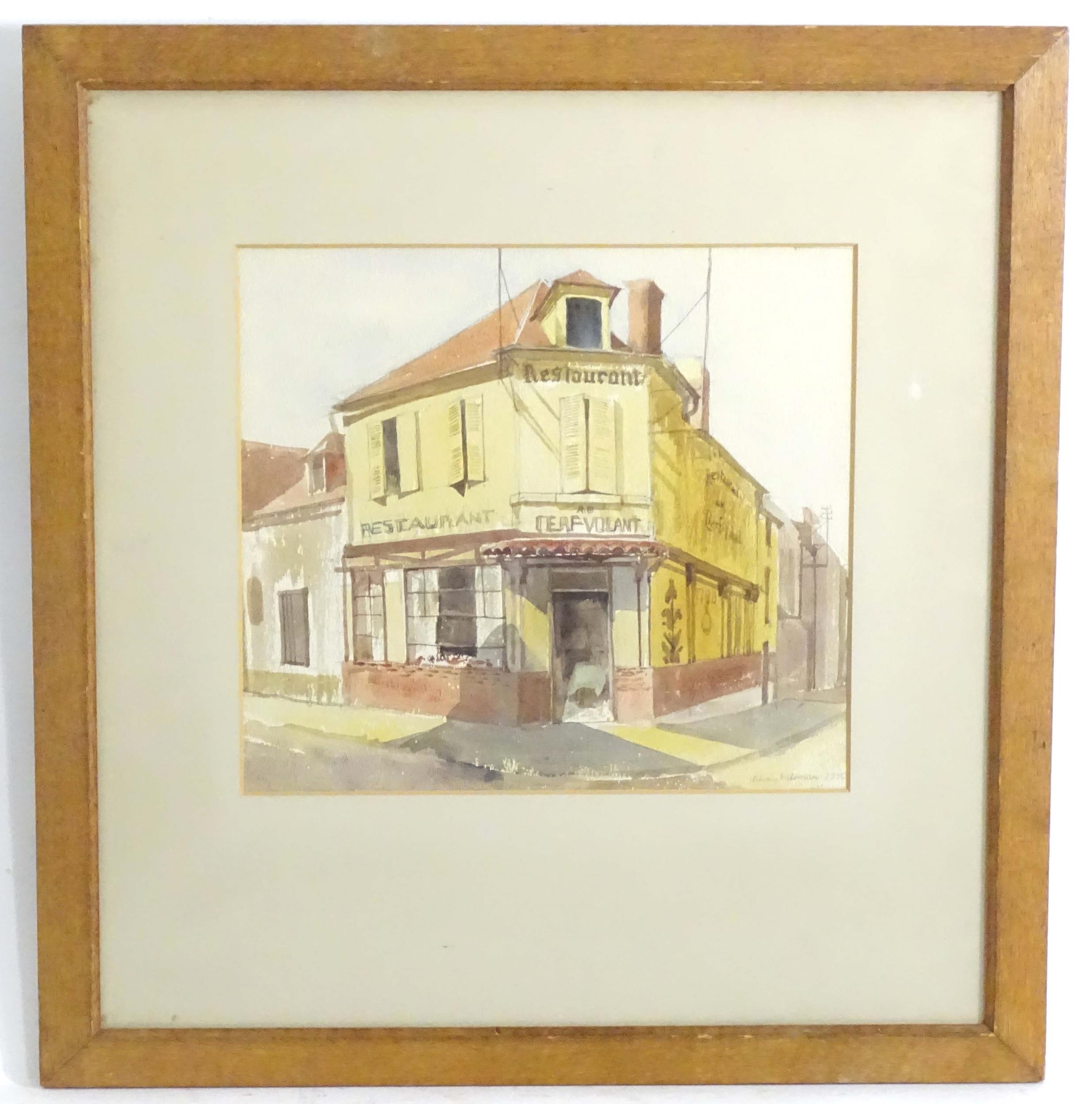 Albany Wiseman (1930-2021), Watercolour, Au Cerf-Volant, A French street corner restaurant. Signed