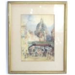 19th century, Watercolour, Ludgate Hill, A busy London street scene with carts, figures, and a