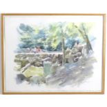 Albany Wiseman (1930-2021), Watercolour, Virginia Water, Figures and a dog on a stone wall. Signed