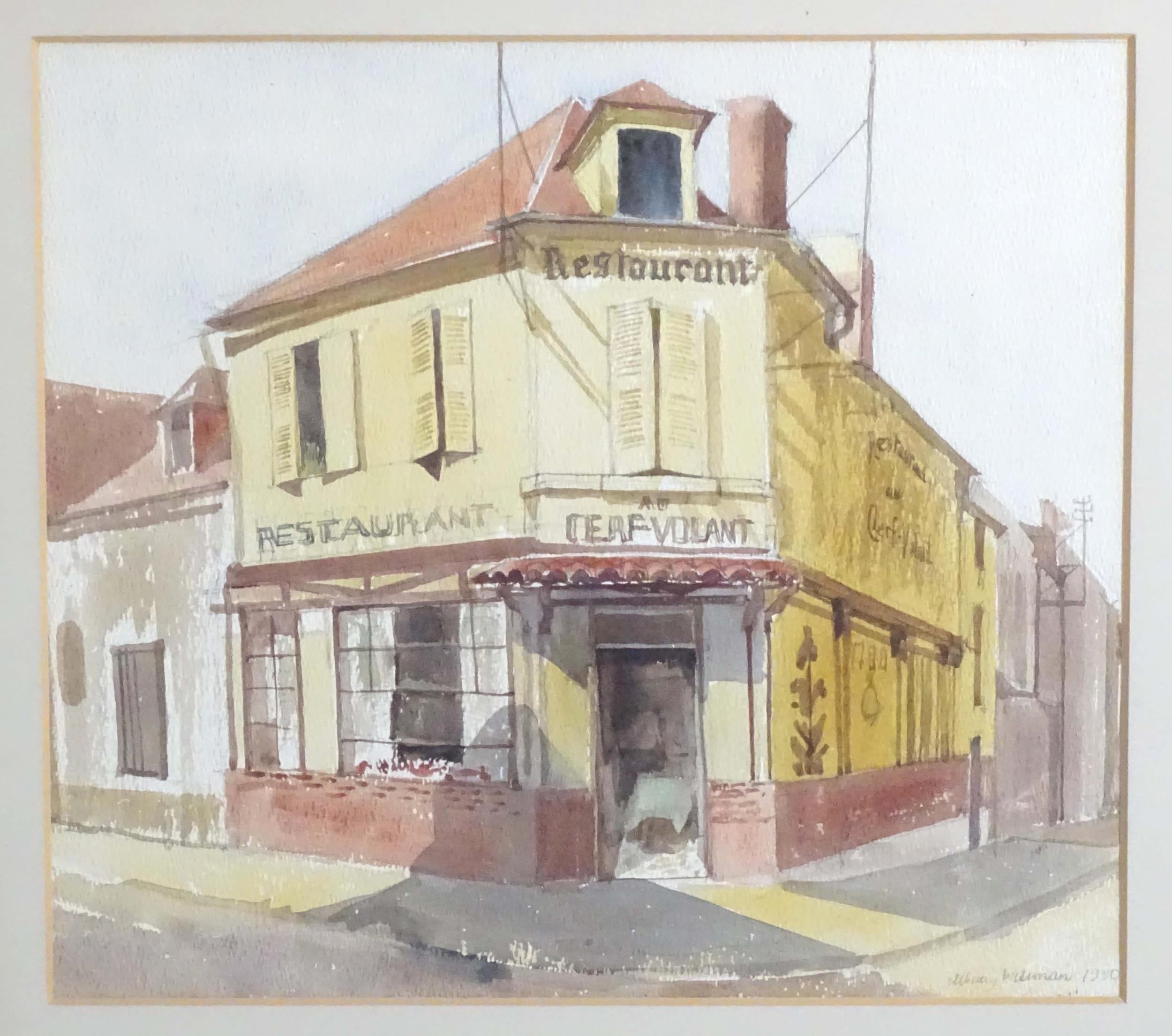 Albany Wiseman (1930-2021), Watercolour, Au Cerf-Volant, A French street corner restaurant. Signed - Image 3 of 4