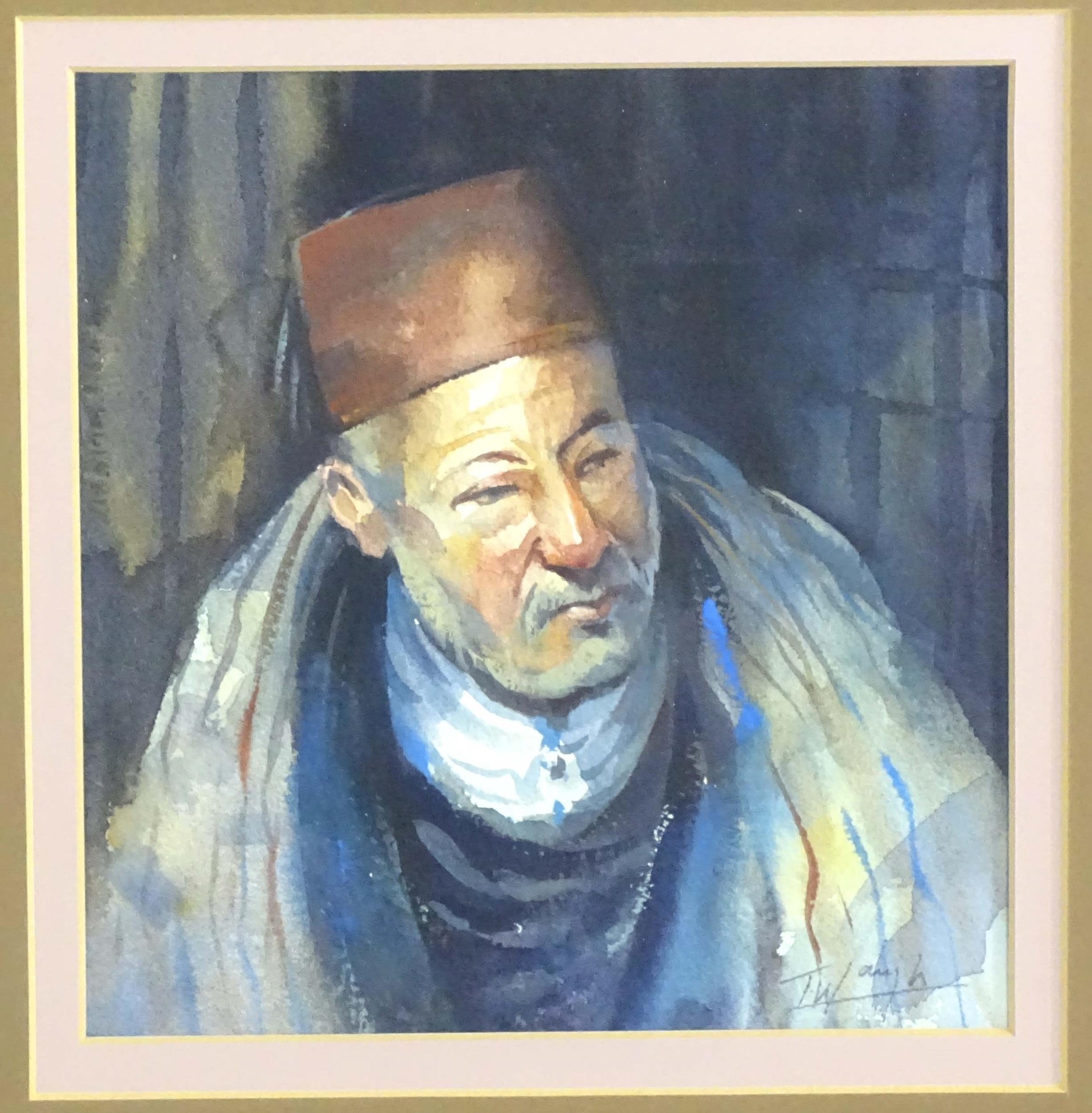 Trevor Waugh (b. 1952), Watercolour, Old Man of Fez, A portrait of a man wearing a fez hat. Signed - Image 3 of 5