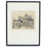 A signed etching depicting York Minster from the City Walls by Margaret M Rudge. Signed and titled