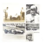 Five mid 20thC monochrome press photographs depicting the racing driver Jack Brabham, the largest