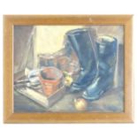 M. Sowden, 20th century, English School, Oil on board, A still life study with boots, onions,
