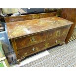 An Oriental low chest comprising two short over one long drawer with Oriental scene decoration.