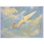 20th century, Oil on canvas, A British Airways concorde plane / aeroplane in flight. Signed lower