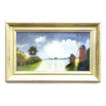 An oil on board depicting a Dutch landscape with a windmill on the banks of a river by S J Mann,