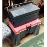 A steel folding tool box containing various tools, together with a tool box seat with plumber's