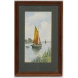 A watercolour by J. Russell depicting boats on a river. Signed lower left. Approx. 9 3/4" x 5"