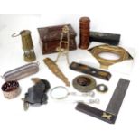 A quantity of miscellaneous to include a Victorian set square, an inlaid box, brass frame, etc.