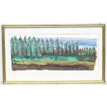 An oil on paper depicting of a row of trees. Approx. 7 1/2" x 18 1/2" Please Note - we do not make
