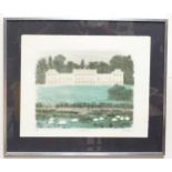 A signed limited edition print depicting Heveningham Hall with sheep grazing, by David Gentleman.