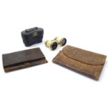 Victorian theatre / opera glasses. Together with two fold over leather wallets / pouches, one with