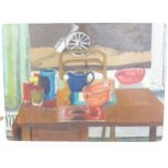 An oil on board depicting a still life interior scene with a kitchen table, jugs, bowls, condiments,