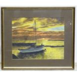 E. Staples, 20th century, Watercolour, A sunset scene with a moored boat. Signed and dated 1974